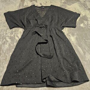 Express Black Sheer Chiffon Glitter Layered Wrap Wide Sleeve Belted Dress
